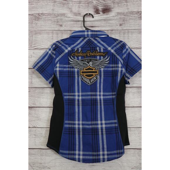 Harley Davidson Small 115 Plaid Blue Button Up Genuine Biker Short Sleeve Shirt - Picture 5 of 5